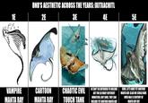 1E DND'S AESTHETIC ACROSS THE YEARS: IXITXACHITL 2E 3E 4E 5E 0050 00.0 00 VAMPIRE MANTA RAY CARTOON MANTA RAY CHAOTIC EVIL TOUCH TANK 4E CAN'T BE BOTHERED TO INCLUDE ART FOR SO MANY DIFFERENT MONSTERS, BUT SURE, THEY CAN INCLUDE YET ANOTHER MANTA RAY SURE, LET'S HAVE YET ANOTHER MANTA RAY. GLAD WE COULD HAVE OVER HALF A CENTURY OF MANTA RAY ART