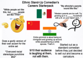 Ethnic Stand-Up Comedian's Careers Starterpack "White people act like this, but people act like THIS!" "My ethnicity's parents sound like this:" "Western parents are too soft. Try growing up in a household with a B- on your report card..." Does a goofy version of their own accent for the entire set *Overused racial stereotype punchline #33* Entire gimmick is about being an immigrant and growing up around white people/having a white spouse. That's it. 9/10 their audience is laughing at them, not with them. Started out as a standard comedian before they just decided to sell out and become a caricature.