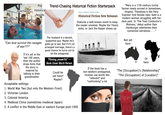 Auschwitz Pop Historical *Novels Any other camp Trend-Chasing Historical Fiction Starterpack Genres > Historical > Historical Fiction Historical Fiction New Releases Features a well-known event to keep the reader oriented. Maybe the Titanic sinks, or Jack the Ripper shows up "Mary is a 17th-century turnip farmer newly arrived in Jamestown, Virginia. Theodosia is the Pony Express' first female rider. Kate is a modern woman struggling with her dark past. In 'The Train Conductor's Mistress,' debut author Pam Hamburger intertwines their connected narratives . . ." "Can love survive the ravages of war???" If it's set in the last 100 years, then the author drops hints that the story is inspired by talking to their grandmother Acceptable settings: The husband is a decent, supportive guy. Maybe he's gotta go to war. But if it's an arranged marriage, there's a good chance he turns out to be the antagonist "Moving, powerful" Back Cover Blurb Person Could be set here? Maybe? 1. World War Two (but only the Western Front) 2. Victorian London 3. Colonial America 4. Medieval China (sometimes medieval Japan) 5. A conflict in the Middle East or eastern Europe post-1950 If the book has a non-western protagonist, reviews use words like "relevant" and "confronting" a lot Not set here Or here "The [Occupation]'s [Relationship]" "The [Occupation] of [Location]" figures