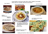 MACARONI PIZZA Al-fray-doh PEPPERONI Spaghetti bolognayse ZITI (also Italian but not as obsessively so) Foods Italian-Americans make their whole "Italian" personality about, that are actually American starterpack Pasta w meatballs (actually kind of Italian but not really) MANICOTEEH ANYTHING WITH TONS OF CHEESE OR TONS OF TOMATO OR JUST TONS OF STUFF Chicken parm Wedding soup ANYTHING WITH TONS OF GARLIC!! BISCOTTI (we have those but they're different) Totally great food btw! still not Italian tho