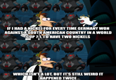 IF I HAD A NICKEL FOR EVERY TIME GERMANY WON AGAINST A SOUTH AMERICAN COUNTRY IN A WORLD CUP 7:1, I'D HAVE TWO NICKELS WHICH ISN'T A LOT, BUT IT'S STILL WEIRD IT HAPPENED TWICE