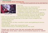 Anonymous how a s----- show change me 102 KB JPG 01/28/25(Tue)00:09:44 No.80188763 >be me >fat loser has no clue how to communicate whit woman >watch helluva boss for the first time >falling in love with the wolf > started creating scenarios and in these scenarios she is my girlfriend >started asking myself what if she met me in real life and found out that I'm fat loser >start dieting and going to the gym and imagine her cheering for me >Lose weight >Stepping out of the comfort zone and getting to know new people >Starting to date this beautiful girl >stop dreaming or thinking about the wolf Thank you Vivzie Your fat ass actually did something useful this time also i dont recommend anyone to watch it its ass