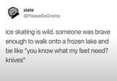 slate @PleaseBeGneiss ice skating is wild. someone was brave enough to walk onto a frozen lake and be like "you know what my feet need? knives"