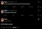 Franc @FrancMeOff. 13h Bro Im cryin this the most racist UFC event in history 0217 tz 1.9K KB @certified1KB - 11h What about it felt racist? 12 23 Franc @FrancMeOff Not Brazilian enough 1:04 AM - Jun 15, 2026 184.7K Views 45K ili 1.8M 123 il 187K B