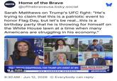 HOTB Home of the Brave @ofthebraveusa.bsky.social Sarah Matthews on Trump's UFC fight: "He's trying to claim that this is a patriotic event to honor Flag Day, but let's be real...this is a birthday party that he is throwing for himself on the White House lawn at a time when many Americans are struggling in his economy." SOME BRAVE WAR WITH IRAN POLL: BROAD DISAPPROVAL FOR TRUMP UFC EVENT AT WH SCAN FOR LIVE UPDATES H 12:02:05 DANA CABRERA REPORTS 9:30 AM Jun 12, 2026 Everybody can reply . MS NOW