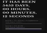 IT HAS BEEN 5453 DAYS, 00 HOURS, 00 MINUTES, 12 SECONDS BOOK 1 TO BOOK 5 COMBINED 5453 DAYS (100%) BOOK 5 TO NOW 5453 DAYS (100.00%)