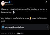 deme @demenishki if i was crazy enough to f--- on stream i'd at least have an onlyfans to bait engagement stop forcing your cuck fantasies on others that lil Rate proposed Community Notes my ass too fat to move 11:00 AM · Jun 16, 2026 138.4K Views >>