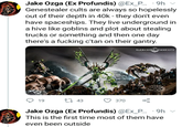Jake Ozga (Ex Profundis) @Ex_P... . 9h Genestealer cults are always so hopelessly out of their depth in 40k - they don't even have spaceships. They live underground in a hive like goblins and plot about stealing trucks or something and then one day there's a f------ c'tan on their gantry. 19 143 370 WARHAMMER COMMUNITY Jake Ozga (Ex Profundis) @Ex_P... . 9h v This is the first time most of them have even been outside