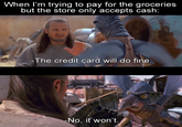 When I'm trying to pay for the groceries but the store only accepts cash: -The credit card will do fine. -No, it won't.