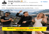 + Follow RETHINK SYSTEMS. Deepk Anchlia in ⚫ 2nd Cofounder @RethinkSystems.in - SwagWalaPM... 8h • 1800's - Astor became the world's first Millionaire (Land) 1916 Rockefeller becomes the world's first... more Rethink Systems 0000 World's First trillionaire - Richer than 172 countries out of 195!