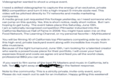 Videographer wanted to shoot a unique event. I need a skilled videographer to capture the energy of an exclusive, private BBQ competition and turn it into a high-impact 5-minute sizzle reel. This video will be pitched directly to TV networks and media marketing companies. A media group just requested this footage yesterday, so I need someone who can jump on this quickly. Yes, this is short notice, really short notice. But I am hoping to get lucky. The event takes place this Saturday, June 13th. I am a nationally recognized competition Pitmaster inducted into the California Barbecue Hall of Fame in 2009. You might have seen me on the Food Network, The Learning Channel, or my personal favorite-Mythbusters! You will be filming 10 of California's top Pitmasters competing side-by-side in this high-end, private backyard event along with incredible live music from elite musicians. Because of the tight turnaround, June 13th, I am looking for a talented creator who wants a powerhouse piece for their portfolio. I will cover your hard expenses (travel and costs we agree on) and feed you all the world-class, professional BBQ you can eat. If you want to film some of the best Pit Masters and music in California, let's talk. Text right away at for the fastest response. Note to the community: This is a strictly private, invite-only event, sorry. Please do not reach out to ask for an invitation. Happy grilling this weekend!
