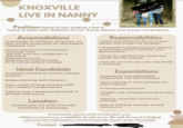 KNOXVILLE LIVE IN NANNY Position Family of four seeking a live-in nanny to assist with childcare for our 9-year-old son and 12-year-old daughter. Accomodations In exchange for childcare assistance, we offer private living space for affordable & negotiable rent. Private bedroom & Full bathroom TV/lounge room Wet bar with mini refrigerator & microwave Separate entrance Dedicated level of the home Wi-Fi and all utilities included Responsibilities * Assist with childcare for our 9-year- old son and 12-year-old daughter * Occasional transportation of children to and from school, activities, and appointments * Serve as a positive role model and mentor for the children * Care for our two cats when the family is traveling Ideal Candidate Graduate student or mature college student Enjoys working with children Has a clean driving record & their own reliable transportation Able to pass a background check & provide references Location Located just 4.9 miles from the University of Tennessee Expectations Trustworthy and dependable Responsible and self-motivated Clean and tidy in both personal and shared spaces A strong communicator Flexible with scheduling needs as they arise Positive, respectful, and family- oriented Able to schedule calendar several months out If interested, please email introduction, your childcare experience, availability, & references. We look forward to finding someone who will become a trusted and valued part of our household. Contact nia