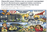 OpenAl says China ran a covert campaign to turn Americans against data centers, but used facts that happen to be true It's not like people needed much convincing By Rob Thubron June 11, 2026 | 62 comments DATA CENTERS $ CAPACITY COSTS UP! HIGH ENERGY DEMAND! PEAK DEMAND $$ AI APPLICATIONS AffА. WHY ARE OUR ELECTRIC BILLS SO HIGH?!