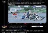 blackstar @blackst... 15 May: a U.S. soldier playing with local german kids on a cart in then west germany, (1980s) Q70 11.6K 25K ili 475K FourIdiotShitposts @Slight_Histor Replying to @blackstarops Follow "ONWARD MY KRAUTLINGS, WE RIDE TO THE IRON CURTAIN"