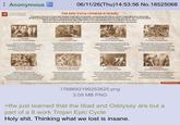Anonymous WORLD HISTORY ENCYCLOPEDIA 06/11/26(Thu)14:53:56 No. 18525068 THE EPIC CYCLE (ΕΠΙΚῸΣ ΚΎΚΛΟΣ) A group of Ancient Greek epic poems in dactylic hexameter, recounting the full arc of the Trojan War & its aftermath. Rooted in long oral tradition, the poems were likely written down during the early Archaic period (7th-6th centuries BCE). Set in the Mycenaean Bronze Age, they reflect Iron Age perspectives on a distant heroic past. Only the Homeric epics survive intact; the rest are known from fragments & later summaries. 1.CYPRIA lost, attributed to Stasinus of Cyprus Zeus plots a war to "lighten the earth" The Golden Apple contest-Paris judges Aphrodite as "fairest" Rewarded with Helen, Paris steals her away from Sparta Achaean chieftains gather a vast armada Agamemnon sacrifices his daughter to gain a fair wind 9 fruitless years of siege at Troy pass 2.ILIAD survives, attributed to Homer Year 10: Achilles quits after a quarrel with Agamemnon Trojan hero Hector drives the Greeks to the brink Patroclus is slain while fighting in Achilles' armor Achilles returns, kills Hector & desecrates his body The king of Troy, Priam, ransoms his son's body Hector's funeral closes the poem - Troy still stands 3.AETHIOPIS lost, attributed to Arctinus of Miletus Amazon Penthesileia & Ethiopian king Memnon aid Troy Achilles slays both but is killed by Paris with Apollo's help The Greeks mourn, hold funeral games Achilles' divine armor is offered as a prize to the greatest hero Odysseus and Ajax vie for it, igniting fierce rivalry Quarrels over the armor sow new discord 4.LITTLE ILIAD lost, attributed to Lesches of L----- Odysseus wins Achilles' armor in a contest of speeches Ajax, shamed by defeat, goes mad, commits suicide Prophecies say Troy cannot fall while Athena's statue stands Odysseus & Diomedes steal it from the citadel Epeius constructs wooden horse with warriors hidden inside The Trojans, believing it a gift, wheel the horse into their city CY ME 5.SACK OF TROY lost, attributed to Arctinus Hidden Greeks burst from the Horse Troy falls in a single night of fire & slaughter Hector's son Astyanax is thrown from the wall by Odysseus Priam is killed, his daughter Polyxena is sacrificed at Achilles' tomb Ajax the Lesser assaults Cassandra, desecrates Athena's temple The gods curse the Achaeans, darkening their journey home 6.NOSTOI (RETURNS) lost, attributed to Agias of Troezen The fleet splits, storms & quarrels scatter the Achaeans Ajax the Lesser drowns in a storm sent by Athena Achilles' son returns overland & settles in Epirus Menelaus is blown to Egypt & wanders for years Agamemnon is murdered by his wife and her lover Only Odysseus remains missing, trapped on Calypso's island 7.ODYSSEY survives, attributed to Homer Odysseus recounts ten years of monsters, magic, & shipwrecks One after another, he loses every comrade to gods & monsters He escapes Calypso's island, returns to Ithaca in disguise With his son Telemachus, slays the suitors vying for his wife Penelope Peace is restored, Odysseus reclaims his throne Prophecy warns of one last journey inland to appease Poseidon 8.TELEGONY lost, attributed to Eugammon of Cyrene Restless, Odysseus sails again, marries the Thesprotian queen Telegonus, son of Circe, sets out in search of his father Mistaking Odysseus for an enemy, he kills him by accident Circe reconciles the families, ends the bloodshed She grants immortality to Penelope, Telemachus & Telegonus The earliest surviving complete summary of the entire Epic Cycle appears in the 2nd century CE in the Chrestomathy attributed to Proclus worldhistory.org 1768692199253625.png 3.09 MB PNG >tfw just learned that the Illiad and Oddysey are but a part of a 8 work Trojan Epic Cycle H--------. Thinking what we lost is insane.