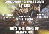 GHIDORAH IS AWESOME AT SEX ONE HEAD ONE HEAD ONE HEAD SUCKS D--- EATS ASS FRENCH KISSES HE'S THE KING OF PLEASURE