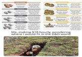WRETCHED Professions maidservant, swineherd Any money made! goes to food and accommodation. They live off grains and soups. SQUALID Any money made Professions 1sp/day, manservant 2sp/day labourer POOR Professions 3sp/day, carpenter 4sp/day priest, artisan, soldier MODEST Professions 5sp/day, mason, master artisan. 6sp/day cavalry, high priest 8sp/day armourer goes to food and accommodation. They have egg, vegetables or fruit sometimes. Living off simple foods and lodgings. Special occasions warrant meats & other luxuries. The jump from poor to modest is subtle but significant. These people can afford to live in decent lodgings and eat a balanced diet. COMFORTABLE Professions 1gp/day, squire 2gp/day elite cavalry WEALTHY Professions 4gp /day, baronet, knight, richest merchants ARISTOCRATIC Professions These people afford the nicer parts of life. They may even have a servant. These people can afford a small staff, often costing between Bsp-17sp. A life of plenty and comfort. An 10-30gp/day, baron or army of servants high priest 20-600gp/day earl ROYALTY Professions 1650 gp /day monarch of a powerful nation tend to their wants & needs The money of a monarch is like no other. There 'household' is thousands strong and spreads across the nation. Me, making $18 hourly, wondering where I would fit in the D&D world All serve them.