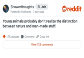 Showerthoughts + Join reddit Posted by Statharas 7 days ago Young animals probably don't realize the distinction between nature and man-made stuff. 1.7K upvotes Comment Copy link View 122 comments