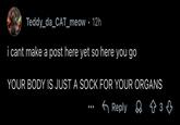 Teddy_da_CAT_meow ⚫ 12h • i cant make a post here yet so here you go YOUR BODY IS JUST A SOCK FOR YOUR ORGANS зд 000 ← Reply Q + 3 ↓