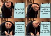 Attempt a coup Assassinate political and financial leaders Assassinate Charlie Chaplin to provoke war with USA Assassinate Charlie Chaplin to provoke war with USA