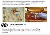 Archaeologists opened sealed jars found in ancient Egyptian tombs over 3,000 years old and found honey inside that was still edible. Earth Explained @explainingterra If I eat a 3,000-year-old honey, I am fully expecting to inherit a pharaoh's curse by sunset