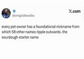 X.com @omgsidewalks every pet owner has a foundational nickname from which 58 other names ripple outwards. the sourdough starter name