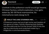 Pawniard @actualalarmcloc Follow 0 Liveleak in the pokemon world would go insane. Chinese factory voltorb explosion, man gets eaten by 30-50 feral mamoswine. Its rotomphone reels dawg its lit HOLD THE LINE STARMER #MI... @... . Jun 15 If Pokémon were real you'd get some real heaters of this genre of video. Family releasing their Rattata into the wild only for it to be thrown 500 ft into the sky by a Hurricane and snatched midair by a Pidgeotto x.com/tacoeate/statu...