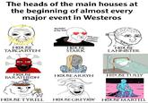 The heads of the main houses at the beginning of almost every major event in Westeros Bachelor of the Year HOUSE TARGARYEN HOUSE STARK Hide your southern daughters HOUSE LANNISTER HOUSE BARATHEON HOUSE ARRYN HOUSE TULLY HOUSE TYRELL HOUSE GREYJOY HOUSE MARTELL