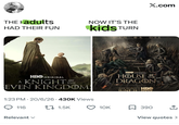 THE I adults HAD THEIR FUN NOW IT'S THE kids TURN HBO ORIGINAL OF A KNIGHT THE EVEN KINGDOM: 1:23 PM 20/6/26 430K Views ❤ 116 17 1.5K Relevant ✓ X.com WIN OR DIE HBO ORIGINAL DF HOUSE DE DRAGON NEW SEASON HBO JUNE 21 max 10K ☐ 390 View quotes >