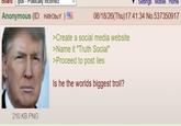 гром Politically incorrect Settings Mobile Home Anonymous (ID: H4frObuY ) 06/18/26(Thu)17:41:34 No.537350917 >Create a social media website >Name it "Truth Social" 210 KB PNG >Proceed to post lies Is he the worlds biggest troll?