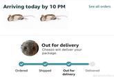 Arriving today by 10 PM See all orders Out for delivery Cheezo will deliver your package. Ordered Shipped Out for delivery Delivered @catworkers