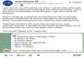 UR Jody Nichols . 3rd+ Solutions/Sales Engineering Leader (APAC) 3d + Follow I got sick of my wife asking me when I will be done with work (at least my afternoon meetings) and while it probably cost a few acres of rainforest in the Amazon, I got Al to solve my problem. How? I wired up a telegram bot backed by n8n w/ Google Calendar integration to send a message to our family chat every morning letting her know when my last meeting ends. Note that n8n/the LLM never has access to my work calendar directly. A Google Script copies placeholders to my personal calendar which the agent then reads. The result? Happy wife, happy life. naomi 17 Jody has late meetings today: 4:45pm-5:15pm 5:30pm-6pm • 7pm-8pm! past 6:45 ⚫ 8pm-8:45pm .11pm-11:30pm This message was sent automatically with n8n 08:00 ✓ 116 20 CEO