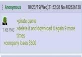 : Anonymous 10/23/19(Wed)21:52:08 No.482626138 >pirate game 1 KB PNG >delete it and download it again 9 more times >company loses $600