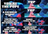 YOU'RE THE POPE A CATHOLIC BISHOP YUP YUP YOU'RE NOT ALLOWED TO DO SEXUAL ACTS SO YOU DON'T HAVE KIDS, DO YOU? imgflip.com MAKES SENSE TO ME MY SON NEPHEW WOULD MAKE A GREAT NEW POPE!