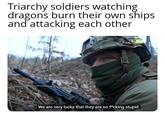 Triarchy soldiers watching dragons burn their own ships and attacking each other We are very lucky that they are so f*cking stupid.