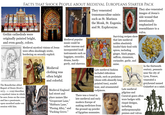 FACTS THAT SHOCK PEOPLE ABOUT MEDIEVAL EUROPEANS STARTER PACK Gothic cathedrals were originally painted bright, and even gaudy, colors. BSK. NOVE, SINK CRA. LIGHT QVË. STAYVTY, RJD Medieval mystical visions of Jesus were often shockingly erotic, bordering on sexually explicit. The Benedictine abbot Rupert of Deutz (lived c. 1075 c. 1129) describes a mystical vision in which he sees Jesus on the cross and has a passionate, open-mouthed make-out session with him. Medieval clothing was often bright and colorful. Medieval popular music could be rather raucous and incorporated loud instruments such as bagpipes, recorder, drums, hurdy- gurdy, and shawms. Medieval England had street and place names like "Gropecunt Lane," "Shitbarn Lane," "Pissing Alley," and "F------ Grove." They venerated transmasculine saints such as St. Marinos the Monk, St. Eugenia, and St. Euphrosyne. Surviving recipes show that late medieval nobles absolutely loaded their food with spices, including ginger, black pepper, saffron, cinnamon, coriander, garlic, and anise. Late medieval fashion included ridiculous trends, such as poulaines (shoes with absurdly long, pointed toes), scarlet hose, and ornamented codpieces. There was a trend in late medieval and early modern Europe of making medicines from the ground-up powder of Egyptian mummies. Late medieval pilgrims and They also venerated images of Jesus's side wound that intentionally emphasized its resemblance to a vulva. Carnival-goers often wore badges with risqué designs, including anthropomorphic penises and vulvas. In the thirteenth century, peasants near the city of Lyon, France, venerated a greyhound named Guinefort as a saint.