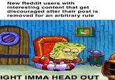 New Reddit users with interesting content that get discouraged after their post is removed for an arbitrary rule O IGHT IMMA HEAD OUT