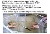 DM: Can you give me a little backstory on your Rogue PC? Player: Sure, but it was an average ordinary childhood in the Thieves Guild. The average ordinary childhood: