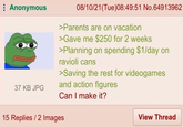Anonymous 37 KB JPG 08/10/21(Tue)08:49:51 No.64913962 >Parents are on vacation >Gave me $250 for 2 weeks >Planning on spending $1/day on ravioli cans >Saving the rest for videogames and action figures Can I make it? 15 Replies/2 Images View Thread
