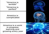 "America is terrible" "America is perfect" America is complicated America is a work in progress learning and growing every year 01 107 101 13