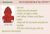 : Anonymous 28 KB JPG 03/10/23(Fri)00:56:47 No.72515517 >be me >cybersecurity analyst >make six figure salary >tell ladies I make a six figure salary >they ask for my name and phone number >I'm too smart to give out my personal information