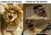 CERSEI IN THE SHOW CERSEI IN THE BOOKS RAHR! HE'S IN THE WALLS HE'S IN THE GOD DAMN WALLS! mgflip com
