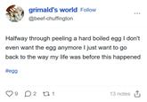 grimald's world Follow @beef-chuffington Halfway through peeling a hard boiled egg I don't even want the egg anymore I just want to go back to the way my life was before this happened #egg ♡ 9 D 2 27 1 13 notes ↑