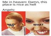 Me in heaven: Damn, this place is nice as hell Angels: As WHAT