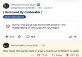 r/HouseOfTheDragon u/Significant-Bit3638 23h.i.redd.it. • [Removed by moderator ] Show Discussion Sorry, this post has been removed by the moderators of r/HouseOfTheDragon 502 ↓ 192 79 Remarkable-Jump3262 · 23h She have the same face in every scene ur criticism is valid 7624 ← Reply 217