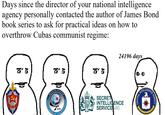 Days since the director of your national intelligence agency personally contacted the author of James Bond book series to ask for practical ideas on how to overthrow Cubas communist regime: ส ส 10 σ' 5 RÉPUBLIQUE FRANÇAISE 24196 days DGSE V GENERALE DE LA EXTE SECRET INTELLIGENCE SERVICE MI6 INTELLIGENCE CENTRAL INTE CE AGENCY AMERICA