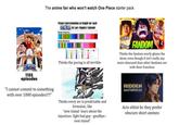 The anime fan who won't watch One Piece starter pack MID Visual representation of length for each Manga Chapters: Arc per chapter/episode Anime Episodes: Thinks the pacing is all terrible GODA NODE FANDOM DIF Thinks the fandom overly glazes the show, even though it isn't really any more obsessed than other fandoms are with their franchise 1155 episodes "I cannot commit to something with over 1000 episodes!!!!" Thinks every arc is predictable and formulaic, like "new island- learn about the injustices-fight bad guy - goodbye - next island" HIDDEN MASTERPIECES Acts elitist bc they prefer obscure short animes