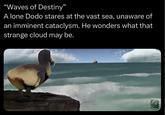 "Waves of Destiny" A lone Dodo stares at the vast sea, unaware of an imminent cataclysm. He wonders what that strange cloud may be. ISAAC OWJ