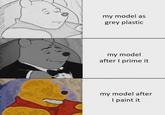 my model as grey plastic my model after I prime it my model after I paint it