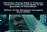 Ukrainian during WW2 in Volhynia: *doesn't want to participate in the genocide of minorities* Officer of the Ukrainian Insurgent Army (UPA): So you have chosen... death.